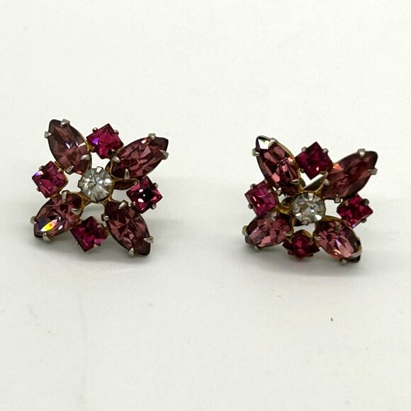 Vintage Floral Starburst Pink & Clear Rhinestone Silver-Tone Screw Back Earrings - Picture 2 of 8